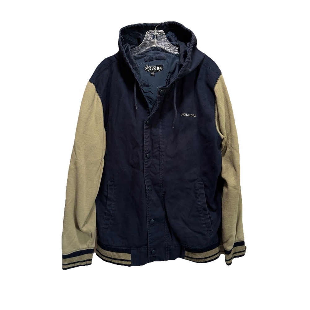 Volcom Jean/Fabric Jacket Blue/Tan Long Sleeve Snap Up Hooded Drawstring Logo XL